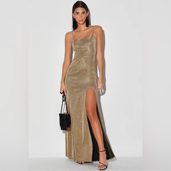 Lulu’s Searching For You Metallic Gold Glitter Mermaid Maxi Dress XS - Picture 1 of 12